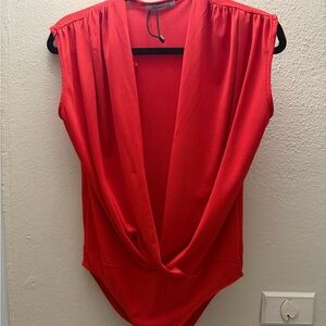 Sleeveless Red Draped V-Neck Bodysuit Top